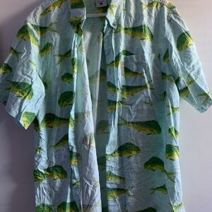 Mens Columbia Size Large Green and Yellow Fish Print button down